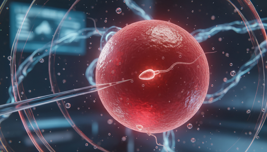 Représentation d’un ovocyte et de spermatozoïdes illustrant la fertilité, l’AMP et la biologie médicale